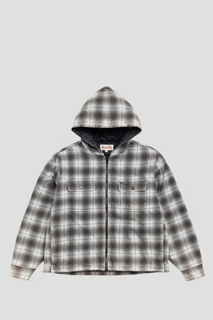 STUSSY ZIP HOODED PLAID SHIRT CHARCOAL
