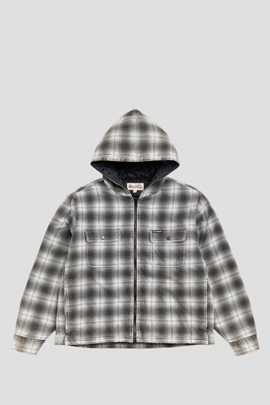 STUSSY ZIP HOODED PLAID SHIRT CHARCOAL